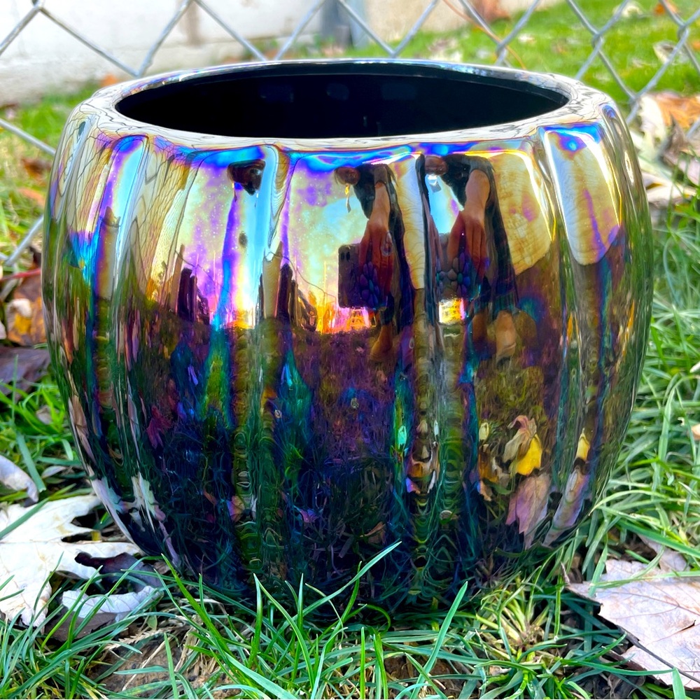NWT Ceramic Iridescent Pumpkin Planter, 8”